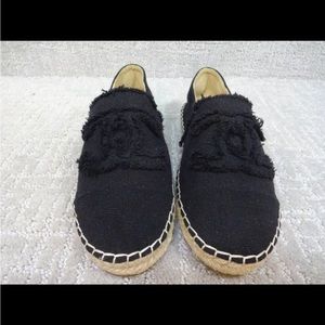 Authentic Chanel Denim black canvas logo vamp round cap-toe espadrilles 39